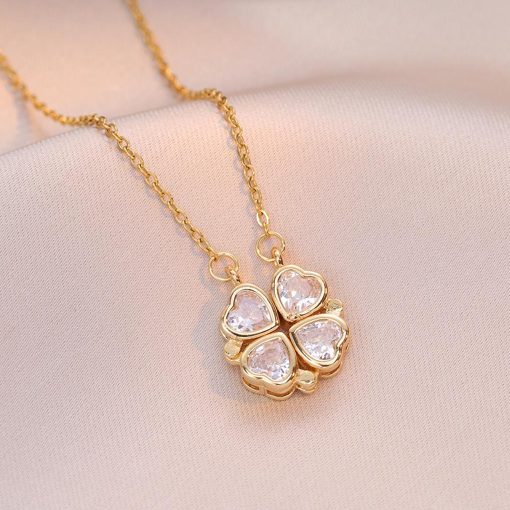 Double Layer Four-Leaf Clover Titanium Steel Necklace: Japanese & Korean Women's Heart Clavicle Chain
