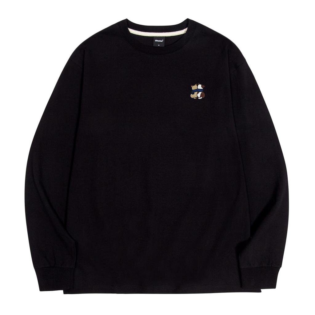 OKSTAR Cat Friends Embroidered Crew Neck Oversized Long Sleeve T-Shirt