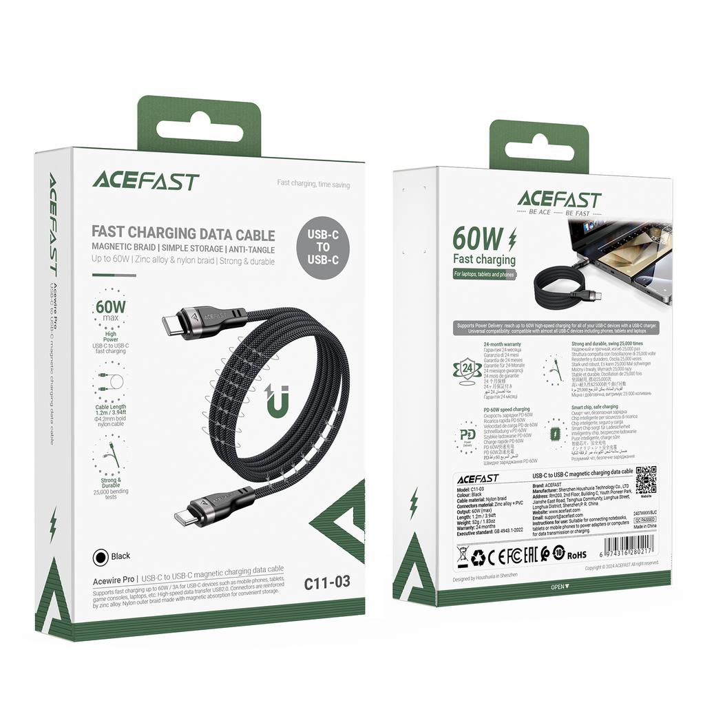 ACEFAST C11-03 1.2m USB-C To USB-C 60W Fast Charging Cable Magnetic Braided Data Cord