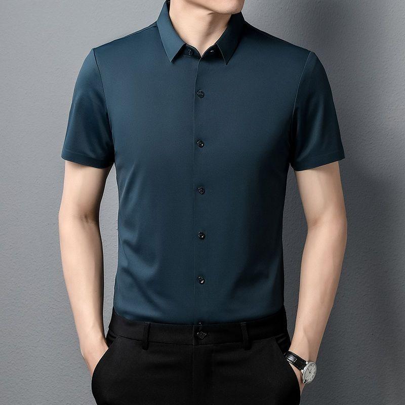 High End Ice Silk Shirts Men Short Sleeve Business Wrinkle Shirt Single Breasted Elastic Tops Luxurious Wedding Clothes
