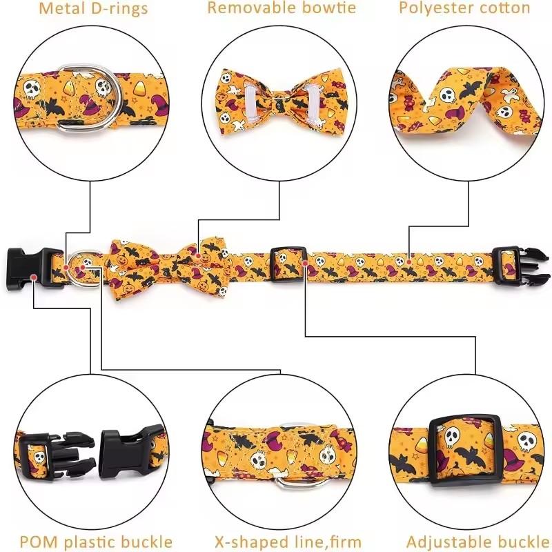 Halloween Dog Collar Puppy Bowtie Collar Adjustable Dog Collar for Small To Large Dogs Pumpkin Bat Ghost Pattern Pet Accessories