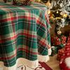 Christmas Plaid Round Tablecloth with Fringe Classic Red Green Checkered Retro Party Decor Dining Table Cover