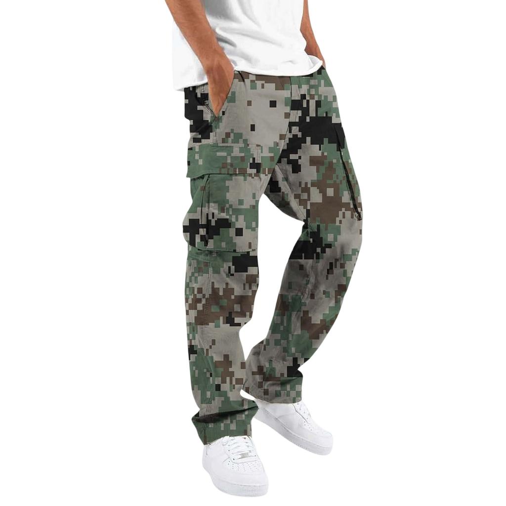 Men Drawstring Elastic Waist Cargo Pants Four Pockets Digital Print Loose Fit Long Trousers for Daily Outdoor Wear