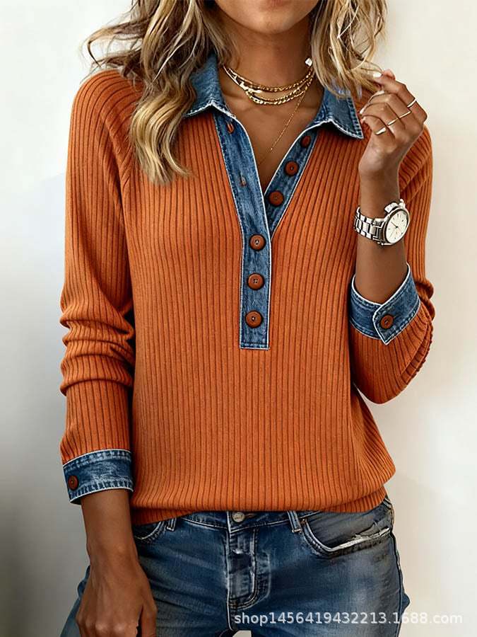 Abbigliamento donna europeo e americano ins colletto in denim maniche lunghe, maglione top a pullover con splicing in maglia
