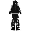 Streetwear Spider Web Star Letter Zip-Up Hoodie Sweatshirt Pants Set Men Women Long Sleeve Casual Outfit