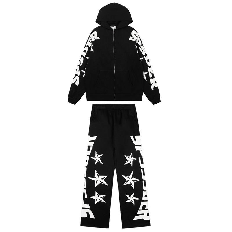 Streetwear Spider Web Star Letter Zip-Up Hoodie Sweatshirt Pants Set Men Women Long Sleeve Casual Outfit