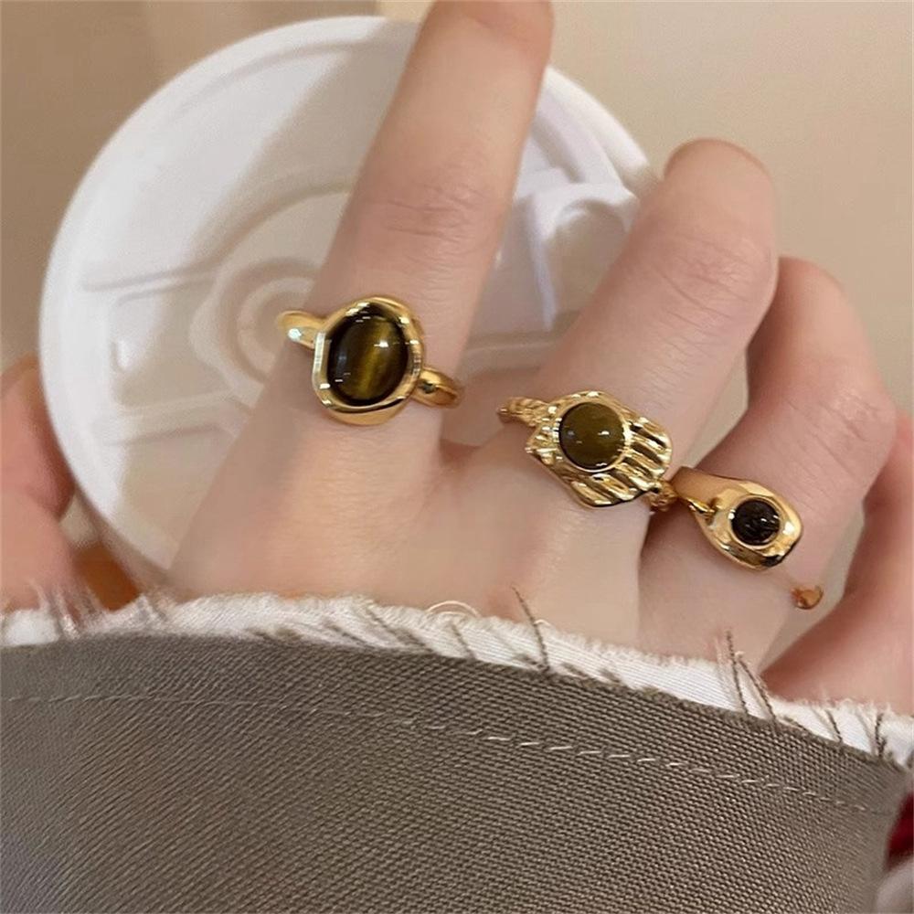 Tiger's Eye Stone Open Ring Temperament Niche Design Light Luxury Index Finger Ring Fashion Gold Ring