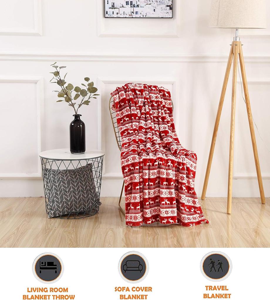 Christmas Blanket Red Reindeer Pattern Fleece Throw Holiday Decor Soft Cozy Winter Warmth Gift for Christmas Home Decoration