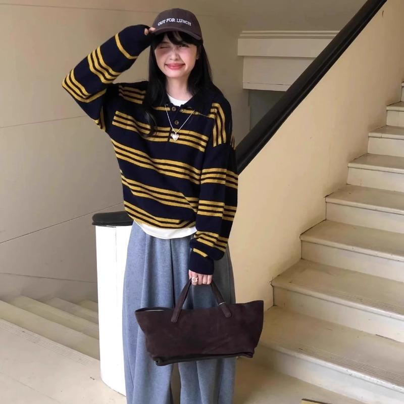Contrast color striped POlO shirt autumn and winter new loose lazy style soft waxy knitted sweater top lapel sweater
