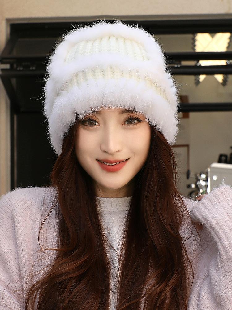 Rabbit Fur Knitted Bucket Hat Women's Autumn and Winter Ear Protection Warm Windproof Wool Hat Winter Hat