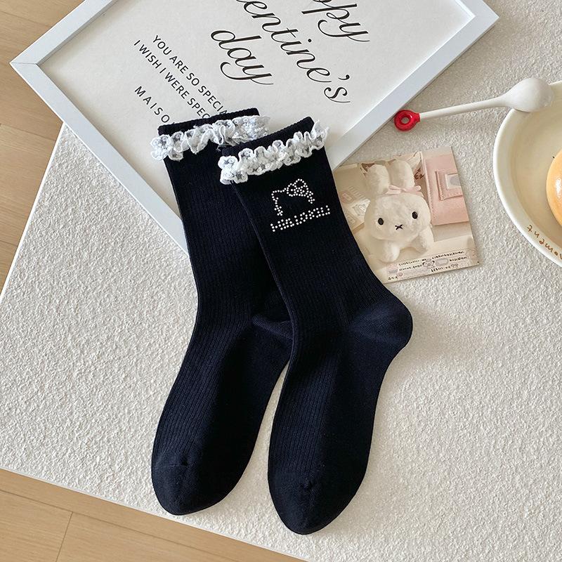 Female Spring and Autumn Cartoon Cute Hot Drill Kitten Sweet Lace Lace Boneless Tube Stack Socks