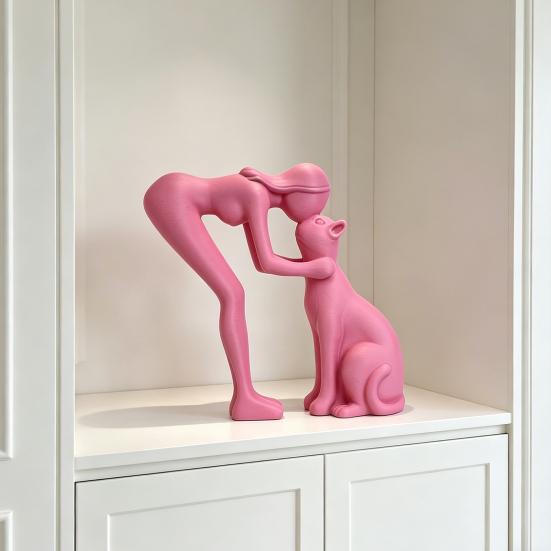 3D Printed Minimalist Woman Petting Cat Figurine Black White Love Statue Modern Art Sculpture for Desk Shelf Home Decor Creative Gift for Couples