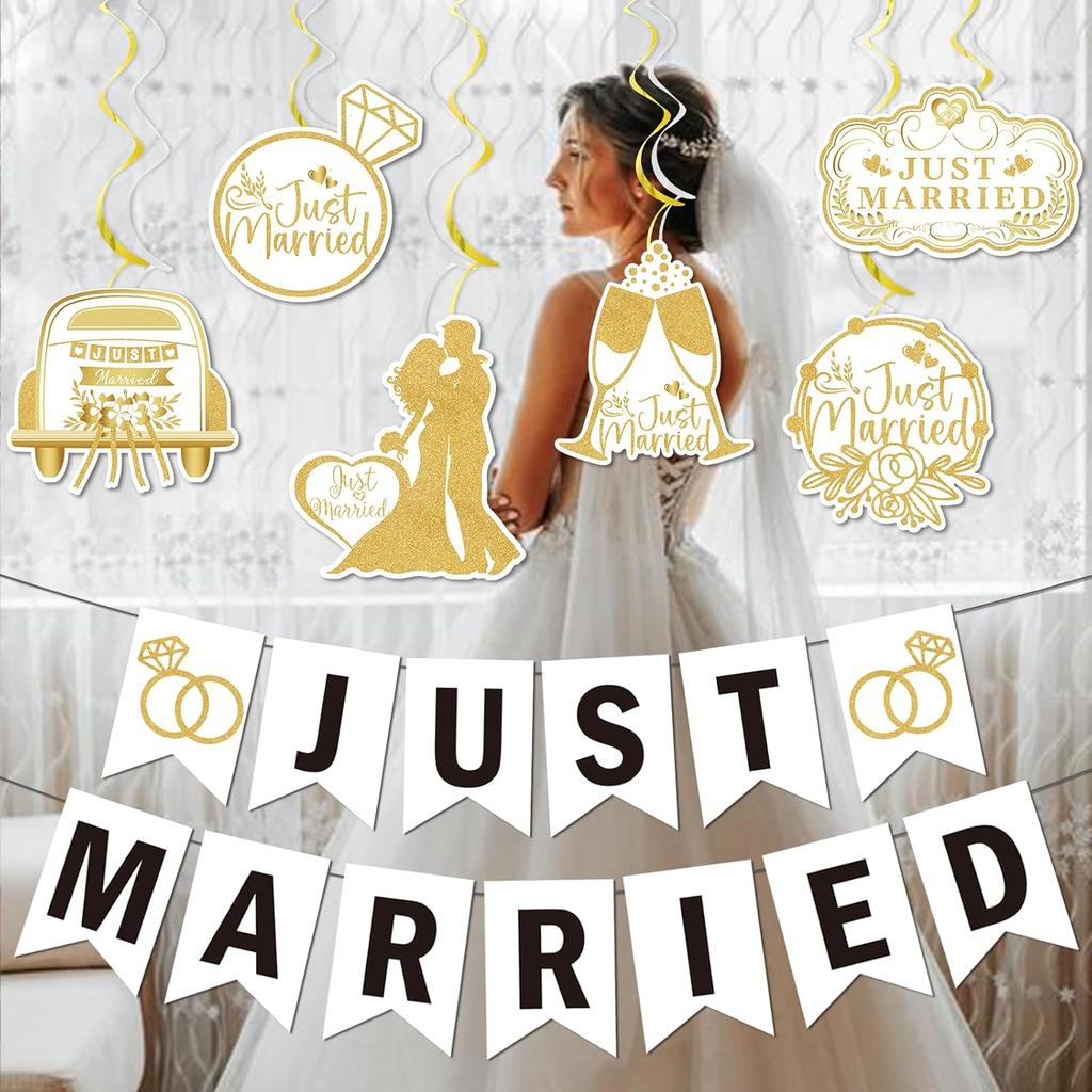 Just Married Banner Just Married Decorations Gold Glitter Wedding Banner Wedding Party Decorations