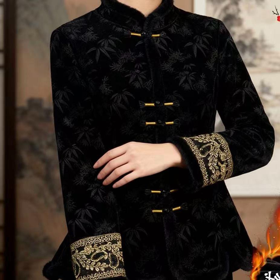Women's Winter Elegant Chinese Jacquard Stand Collar Shirt with Frog Buttons and Velvet Lining