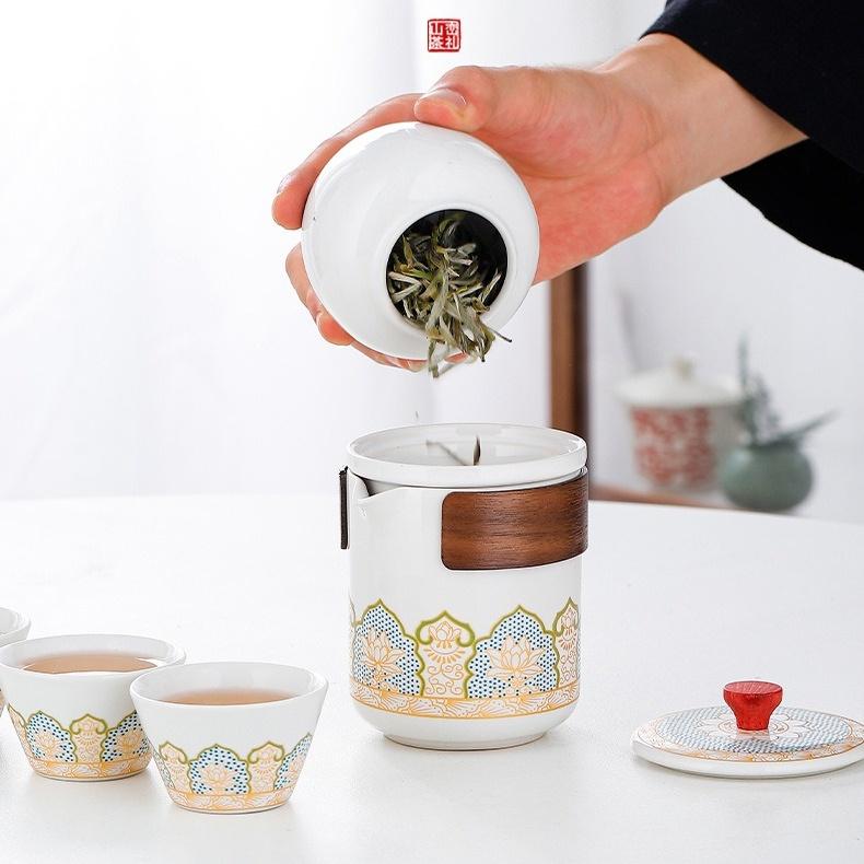Portable Travel Tea Set, Ceramic Teapot & Cups with Storage Bag for Outdoor & Gift