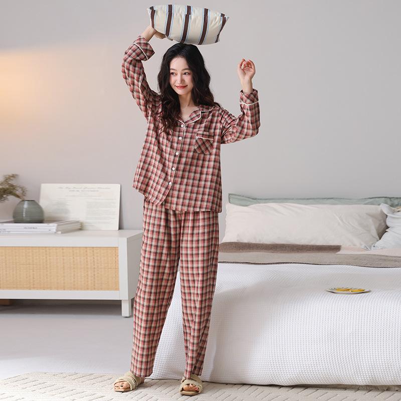 Woven cotton gauze pajamas women's spring and autumn pure cotton long-sleeved 1011 new autumn 100% cotton V-neck loungewear