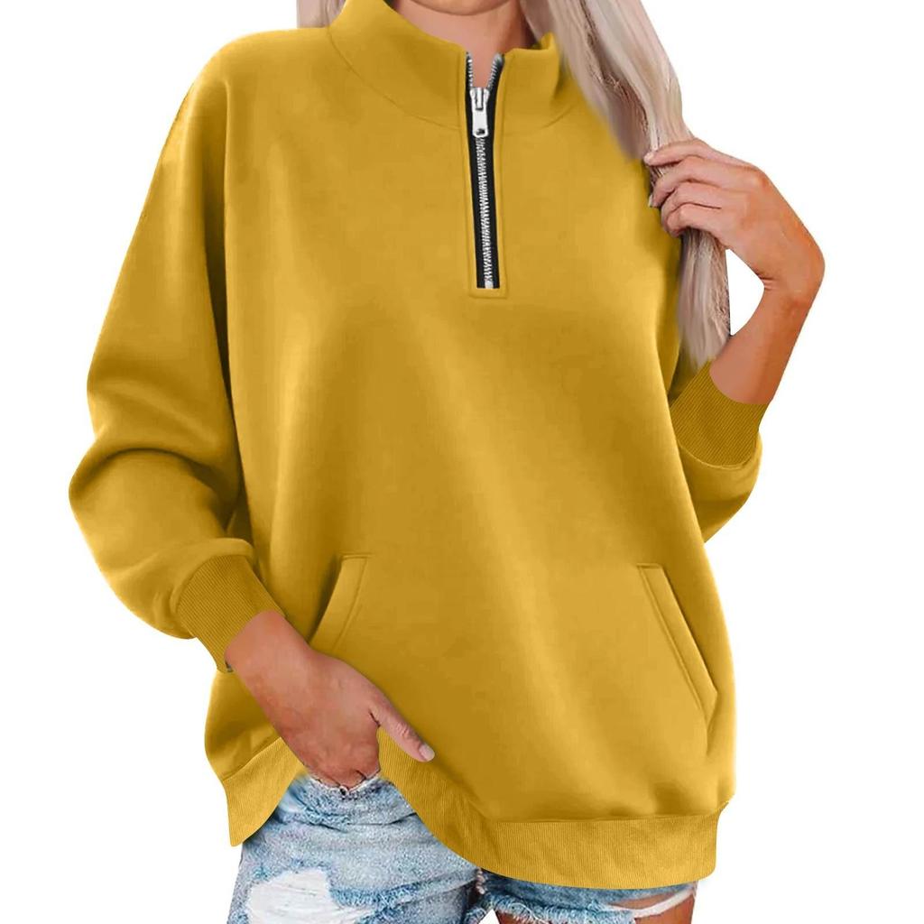 Women's Fashion Long Sleeve Loose Oversize Solid Color Half Zipper Neck Sweater Top With Pockets