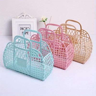 Collapsible Plastic Storage Basket Bag, Casual Open Travel Cosmetic Organizer with Dual Handles Design, Hand Wash Beach Bag