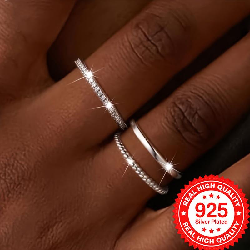 

925 Silver Plated Stackable Rings Set Sparkling CZ High-Quality Elegant Finger Jewelry for Women Perfect for Daily Wear 10