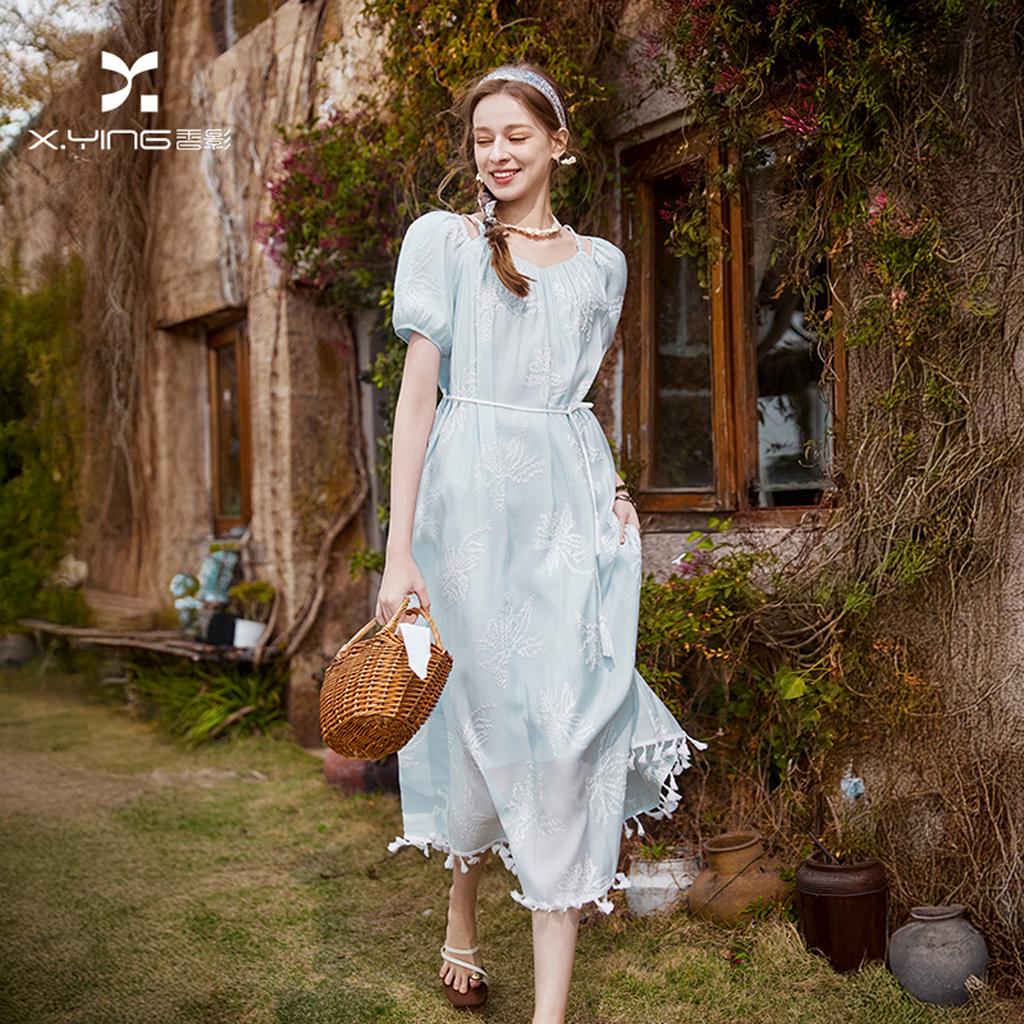 Fragrant Shadow Art Style Blue Embroidered Dress for Women, 2026 Summer New Style Bubble Sleeve Waist Skirt, Mid Length Fairy Women's Skirt