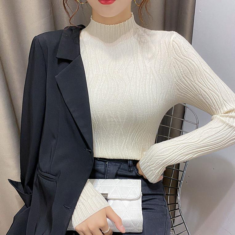 Semi-high-neck Sweater Solid-color Pullover and Fitted Knitted Sweater Are Worn Inside