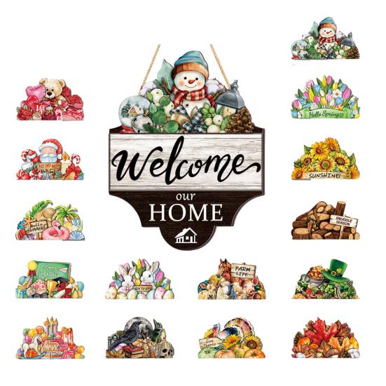 Decorative Wooden Door Sign Interchangeable Seasonal Welcome for Front Door, 12 Inch Round Wood Hanging Housewarming Gift For New Home with