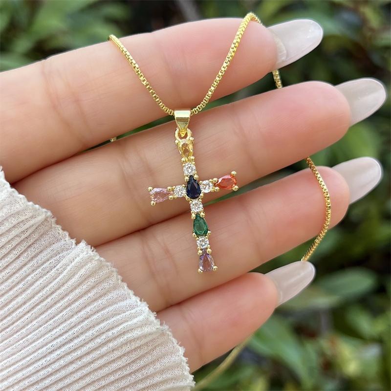 18K Gold-plated Copper Zircon Water Drop Cross Necklace, Classic and Simple Style, Daily Waterproof and Non Fading Pendant 44cm+4cm&A золотой