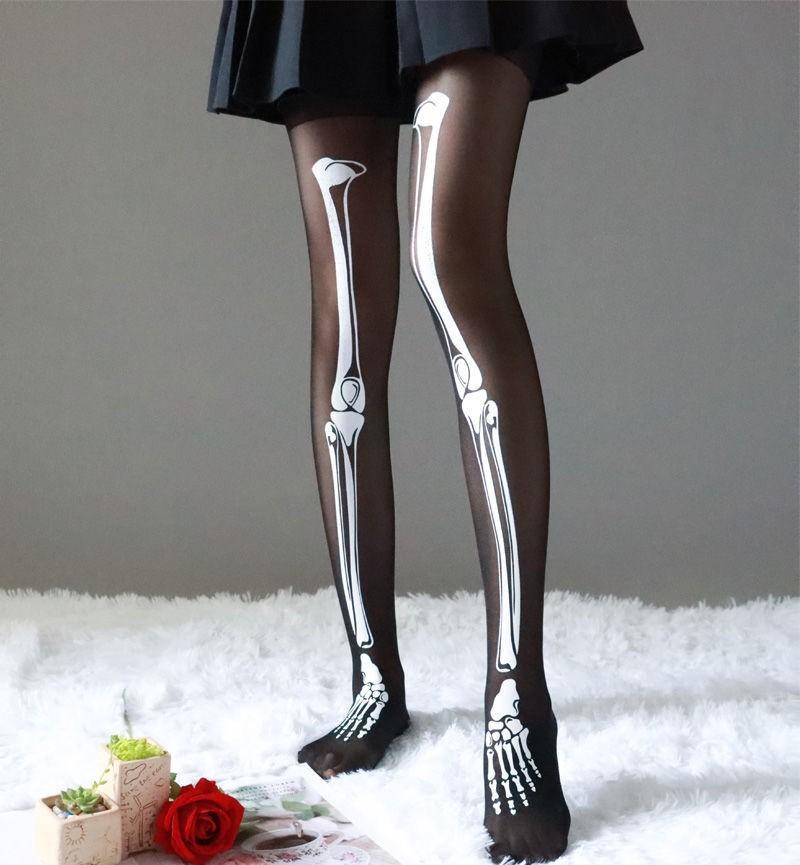 Lolita Strümpfe Halloween Gothic Knochenmuster Jk Strumpfhosen Harajuku Stil Japan Totenkopf Strumpfhosen Ultradünne Schwarze Strümpfe One Size black