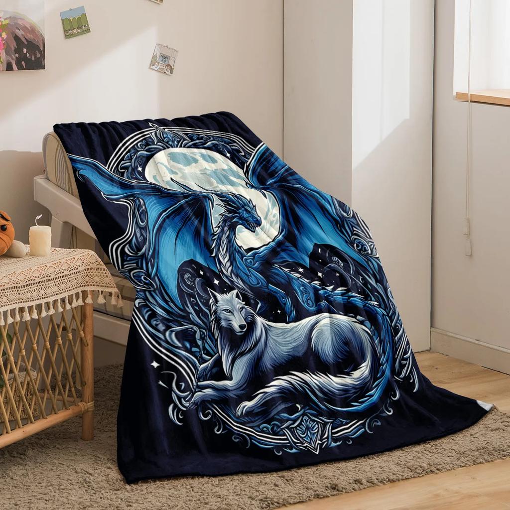 1pc Fantasy Dragon and Wolf Print Thickened Flannel Blanket Warm Skin-friendly Soft Sofa Bed Blanket Suitable for All Seasons