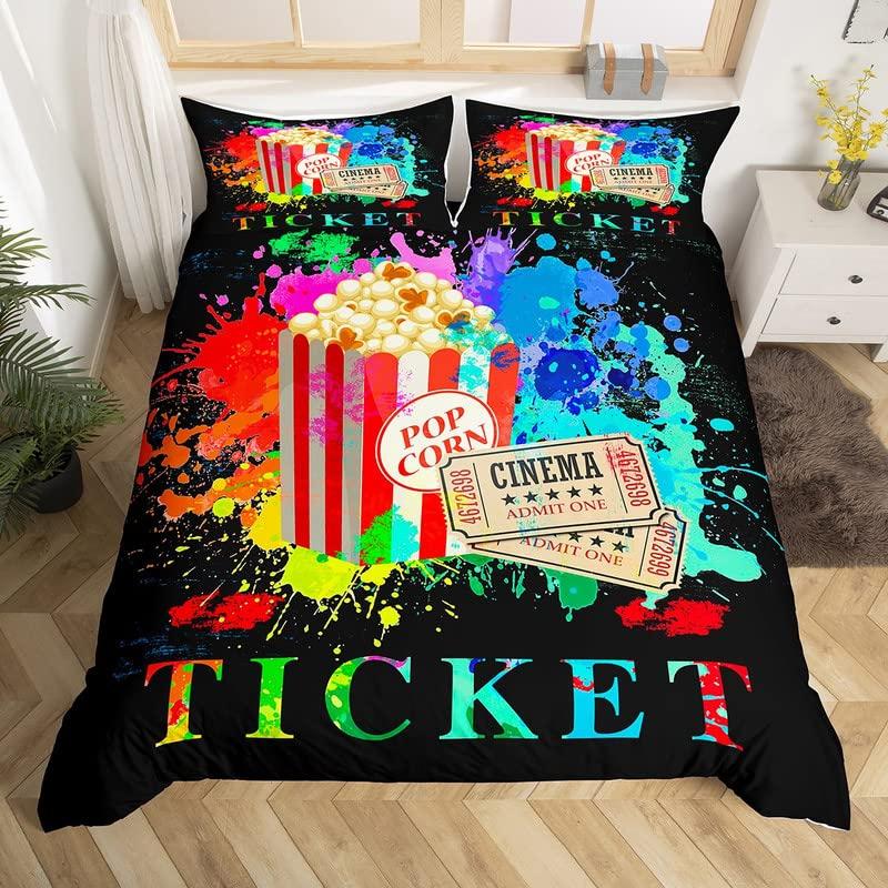 Popcorn Food Bedding Set King Queen Double Movie Theater Theme Duvet Cover Filmstrip Polyester Comforter Cover Blue Quilt Cover