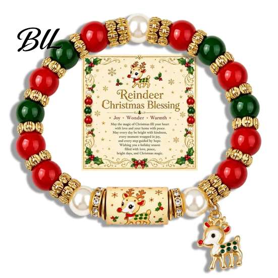 Holiday Party Outfit Accessories Christmas Bracelet, Elastic Stretch Beaded Bracelet with Xmas Jewelry Collection Tree Charm, Gifts for Women