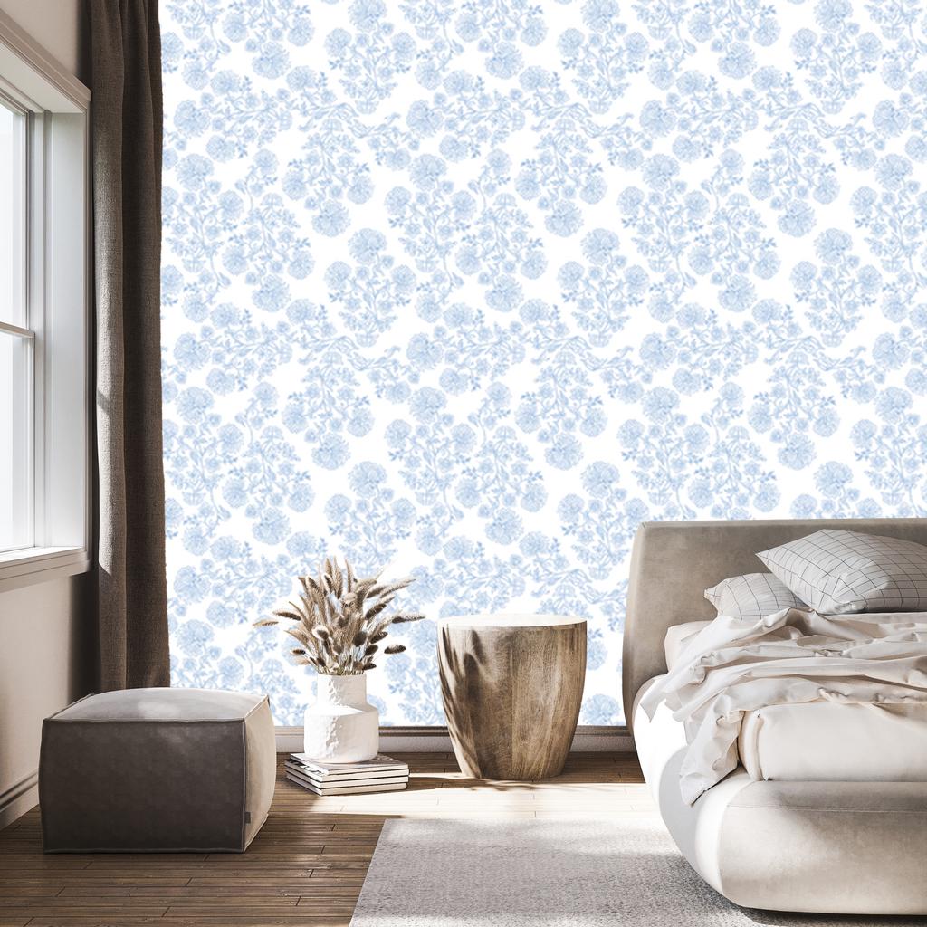 Wallpaper Flowers white and azure, a clear detail for the living room and bedroom 50x1000