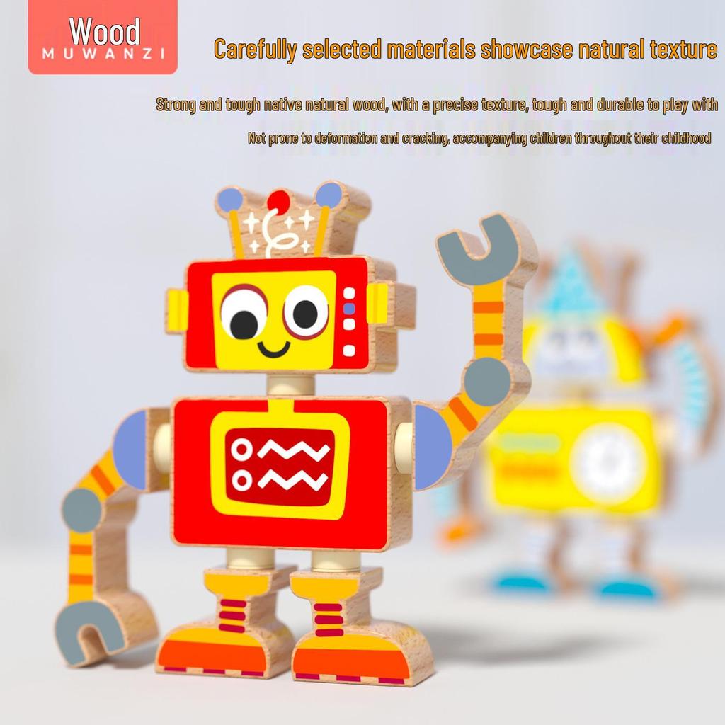 Creative DIY Wooden Robot Assembly Kit - Educational 3D Cartoon Toy