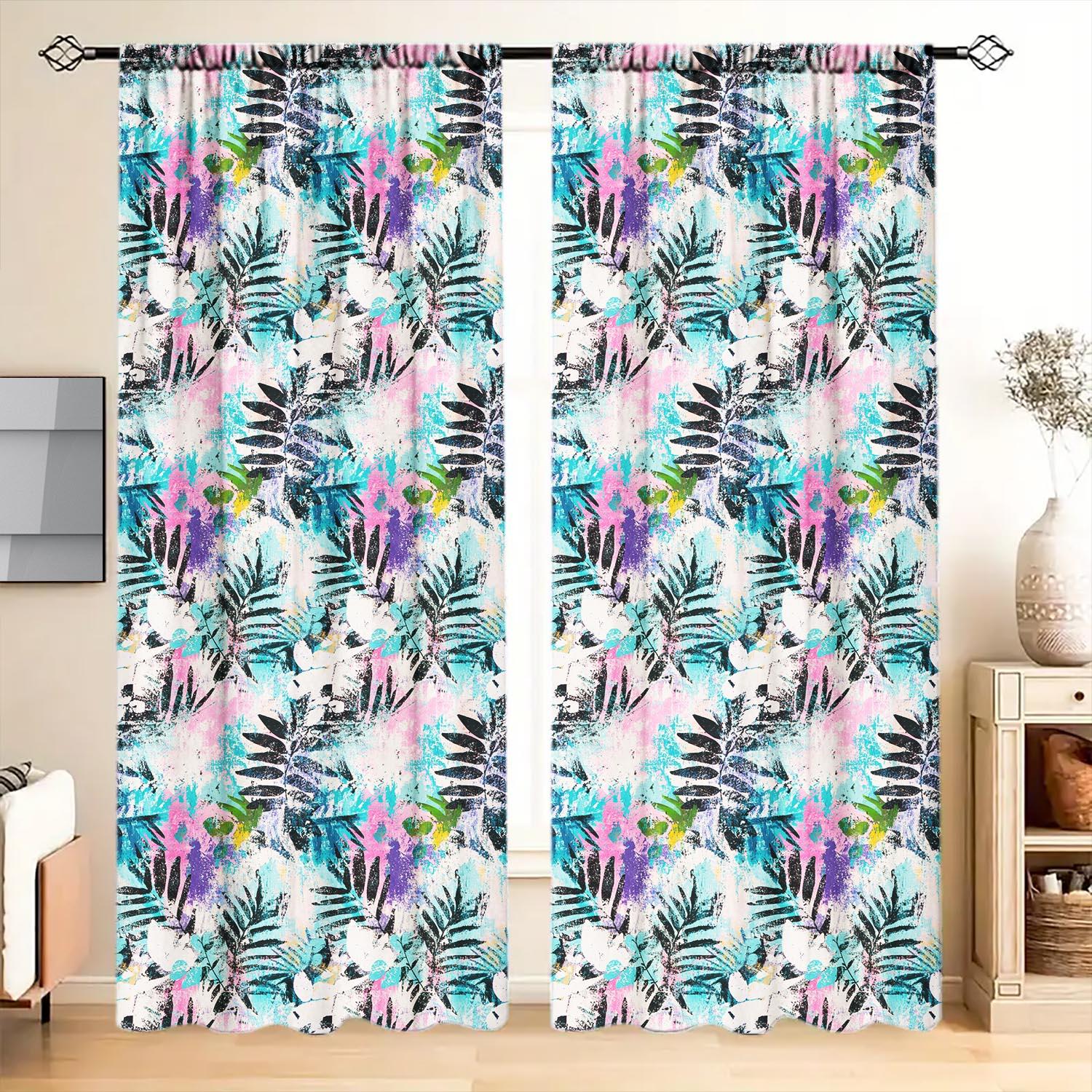 

Vintage Panels Printed Leaves Pattern Curtains Versatile Design Suitable Any Style Creating Peaceful Living Space Curtain Made Of Polyester W100*H70(CM)-Hooks&2PCS