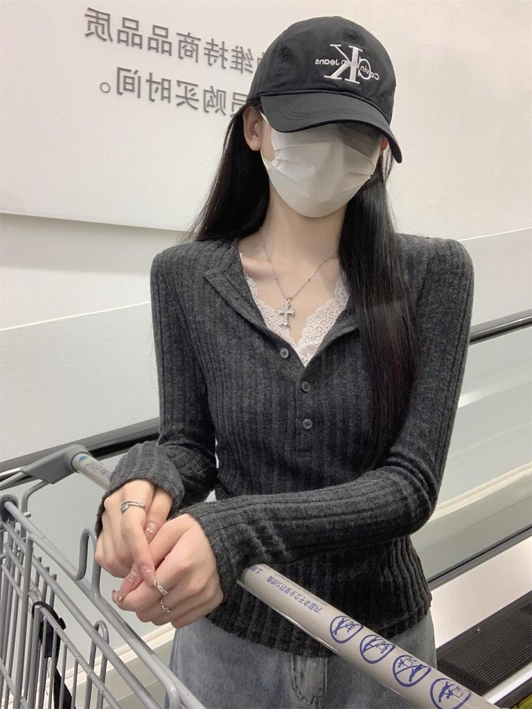Gray Two-Piece Lace Knit Sweater for Women - Long-Sleeved Autumn Slim Base Layer Top
