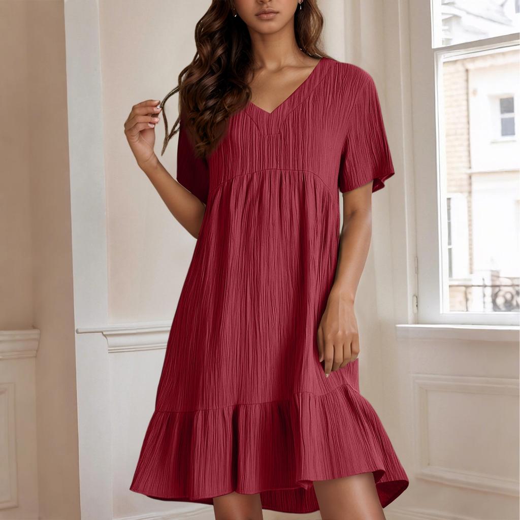 Ladies' Casual And Fashionable Solid Color Dress, Loose Short Sleeved Waist Cinched Dress