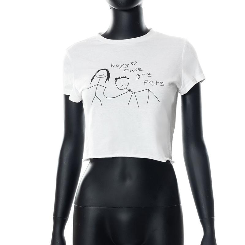 European, American English slogans Printed sexy exposed navel short T-shirt fashionable round neck slim slim top women's multi-picture