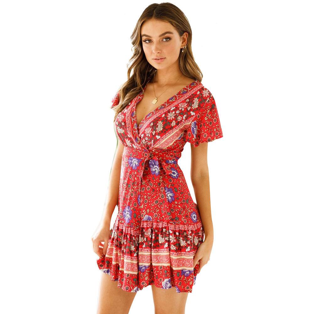 Summer V-neck Sexy Bohemian Print Dress Short Skirt Skirt Women Clothing