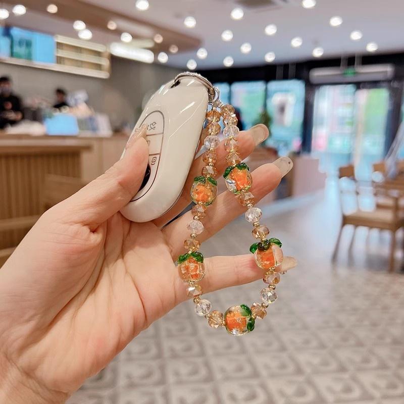 1pc Summer Cute Fruit Persimmon Beaded Wristlet Versatile Phone Case Car Keychain Bag Charm Accessory Handbag Pendant
