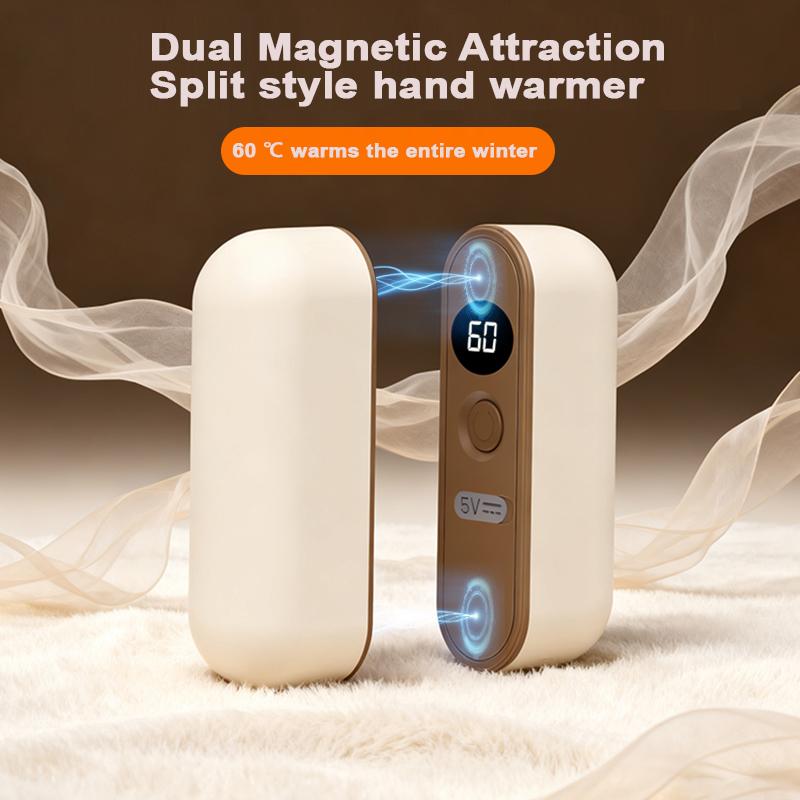 Split Style Hand warmer with Magnetic Suction and LCD Display for Temperature Independent Heating, Changing from One to Two