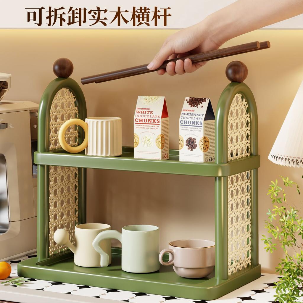 Mid-Century Modern Cup Stand Multi-Tier Wooden Mug Rack with Drip Tray Countertop Coffee Mug Organizer Kitchen Multi-Tier Shelf