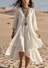 Damen V-Ausschnitt Dreiviertelarm Einfarbig Weiß Maxikleid Hohe Taille Rüschensaum Fließendes Boho-Kleid
