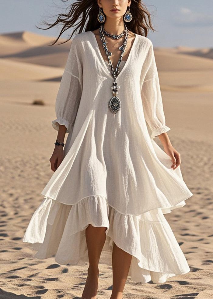 Damen V-Ausschnitt Dreiviertelarm Einfarbig Weiß Maxikleid Hohe Taille Rüschensaum Fließendes Boho-Kleid