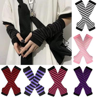 Striped Unisex Half Finger Gloves Long Women Girls Arm Sleeve Gloves Warmer Knitted Wristband Elbow Mittens Warm Cuff
