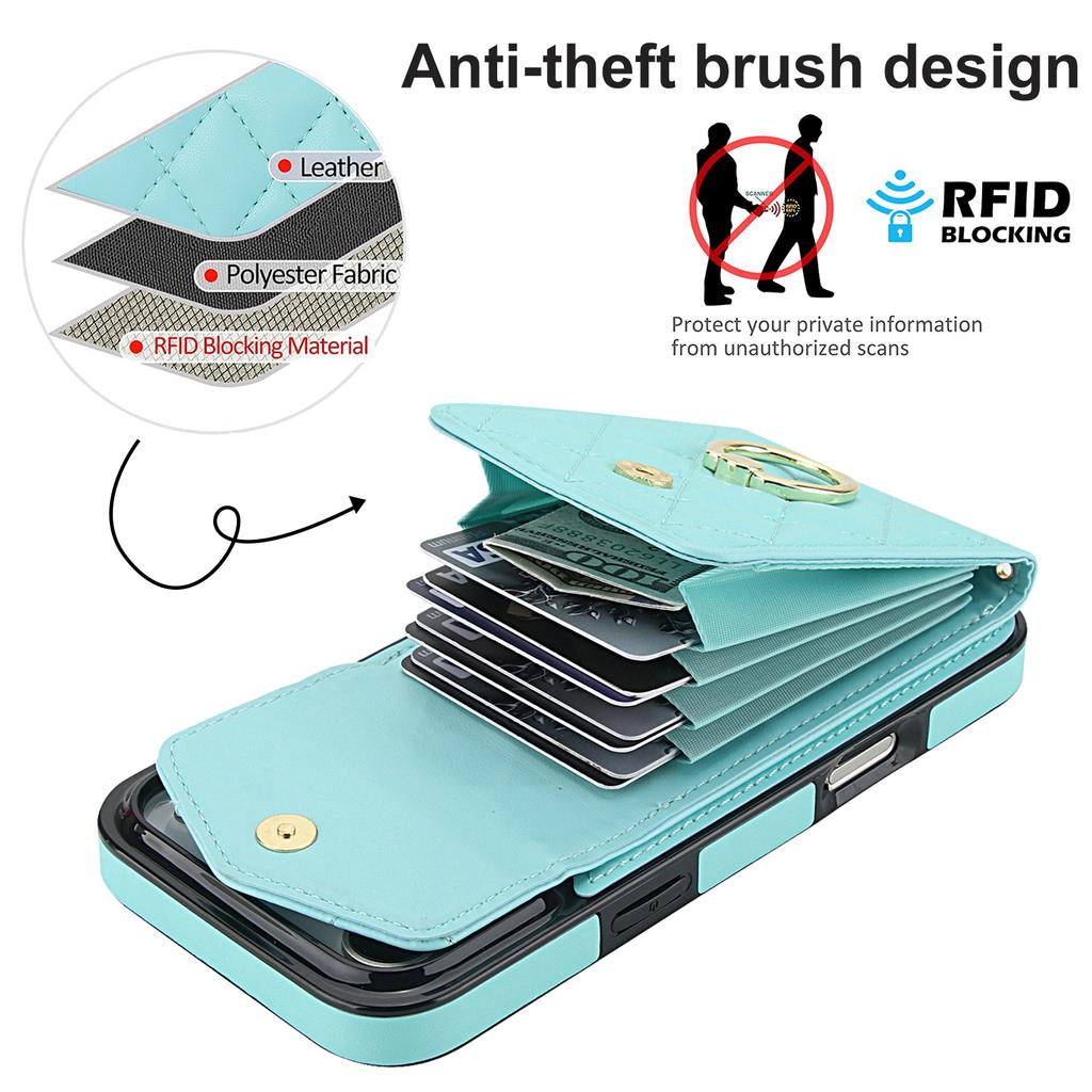 For iPhone 17 Pro Max Case RFID Blocking Card Bag Leather + TPU Crossbody Phone Cover with Ring Kickstand