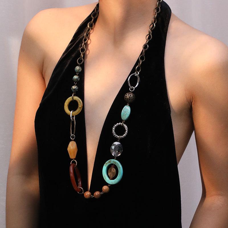 Bohemian Long Necklace with Colorful Stone & Mixed Metal Chain, Unique Pendant & Ethnic Choker Style Accessories