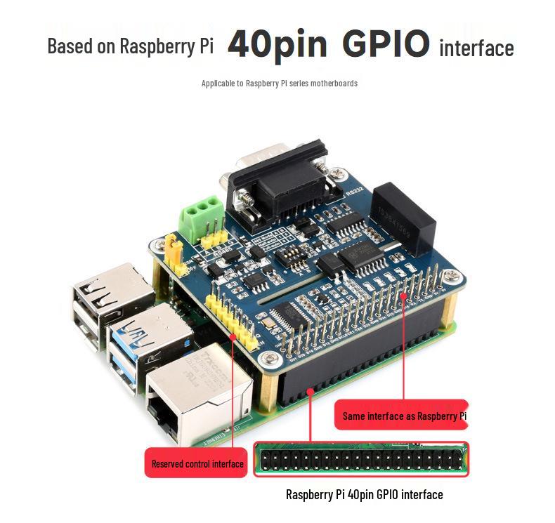 Weixue Raspberry Pi Expansion Board with Isolated RS485/RS232, SPI Control, and Onboard Protection.