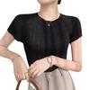 Ageing Round Neck Hollow Vertical Stripes Short-sleeved Knit Shirt Summer Simple Youth Thin Tops Women Casual Essential Slim Fit Pullovers Tees