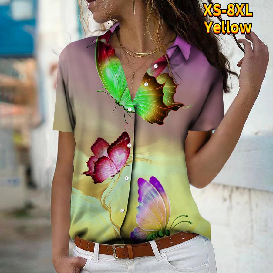 2025 Summer New Fashion Women's Butterfly Printed Short Sleeve V-neck Casual Button-down Shirt Top