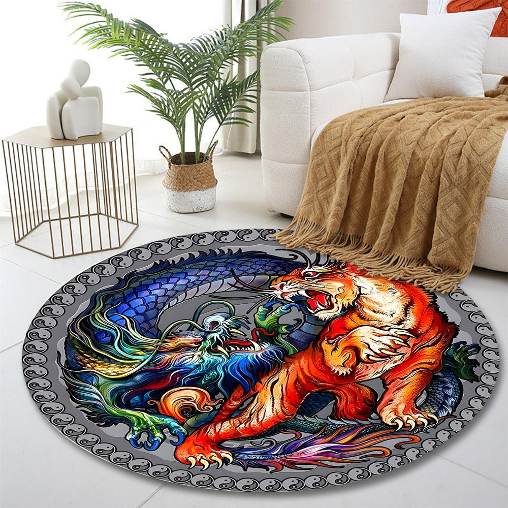Tiger and Dragon Yin-Yang Battle Print round rug, living room, bedroom, playroom carpet, non slip floor mat, gift